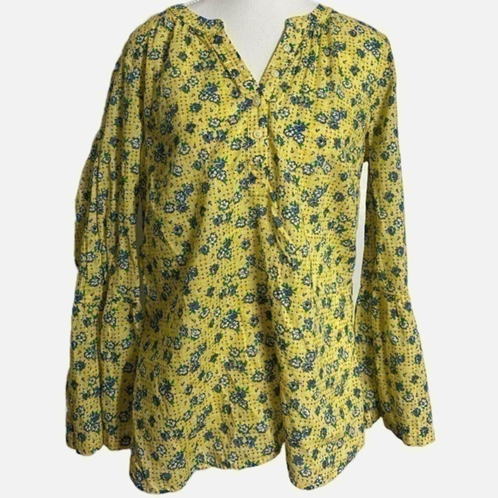 TALBOTS Yellow Spring Floral Cotton Bell Sleeve Blouse